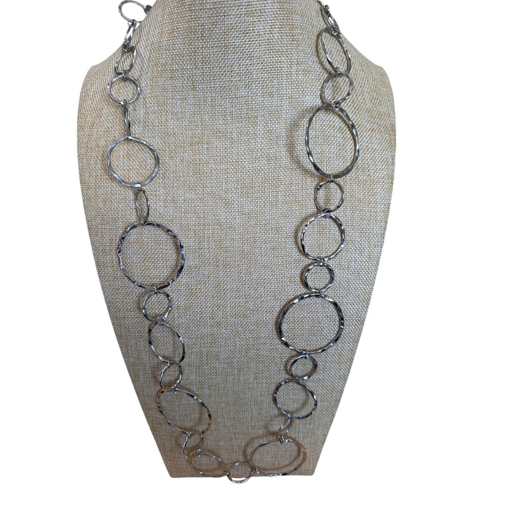 Silver Tone Hammered Multi Circle Link Long Necklace‎ Geometric Layering